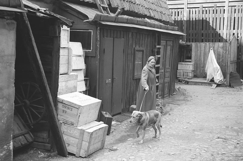 Kvinna med hund på en stenlagd innergård med äldre små skjulliknande hus