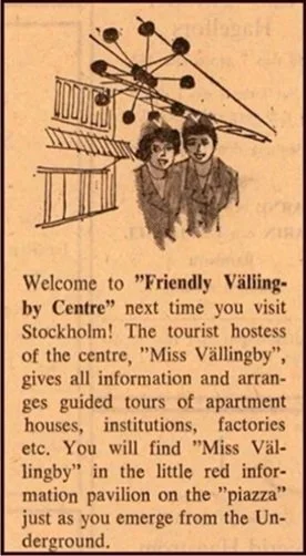 Tidningsnotis på engelska med text om Vällingby centrum och Fröken Vällinfby