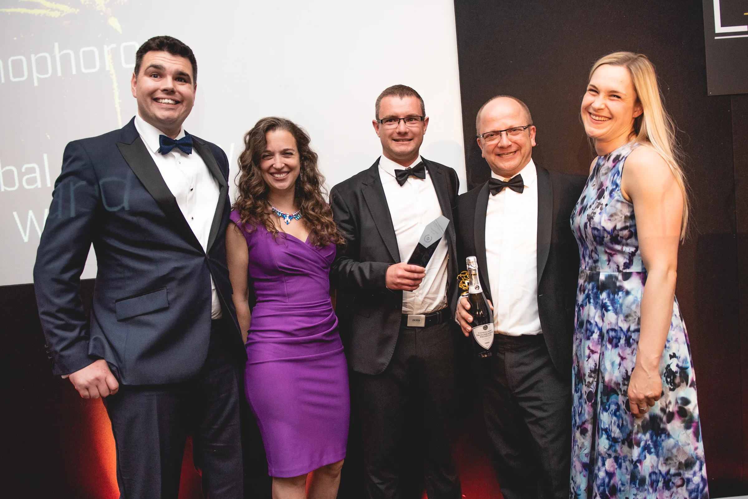 Imophoron Team, winners of Global Good Award, sponsored by RSM. L to R; Ben Bilsland, Dr Emily Grossman, Dr Fred Garzoni, Prof. Imre Berger, Maisie Nash