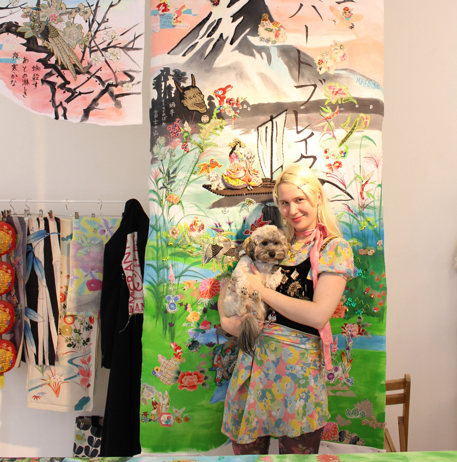 Milligan with her kimono and dog.JPG