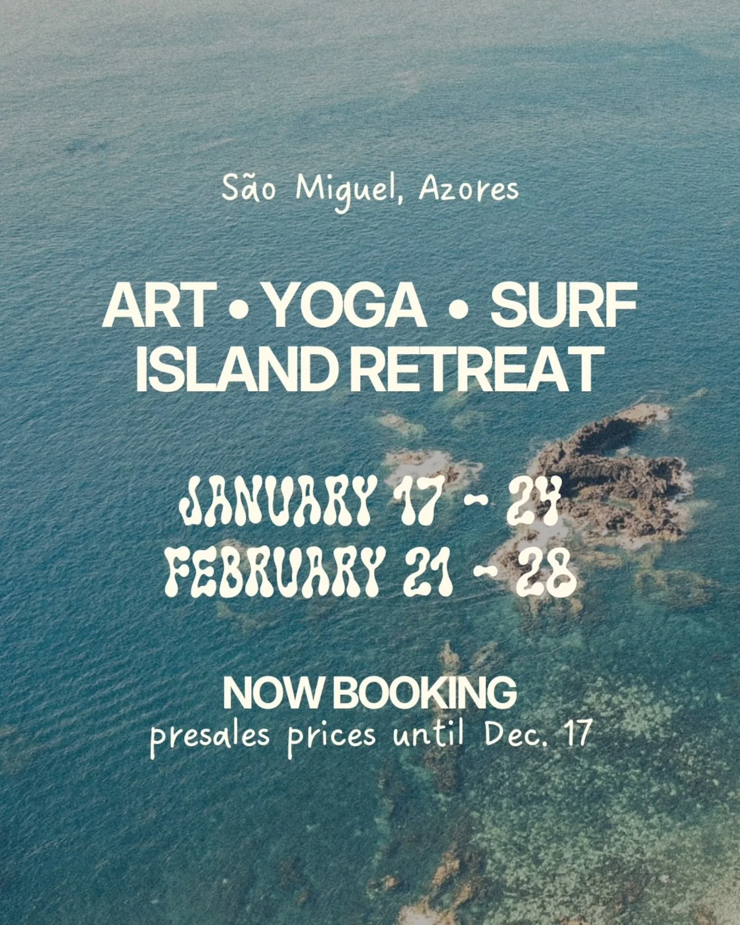 Can you think of a better way to kick off 2026?
Join us for a week of creativity, movement, and ocean energy on S&atilde;o Miguel.
Now Booking, Limited Spots 🤙
