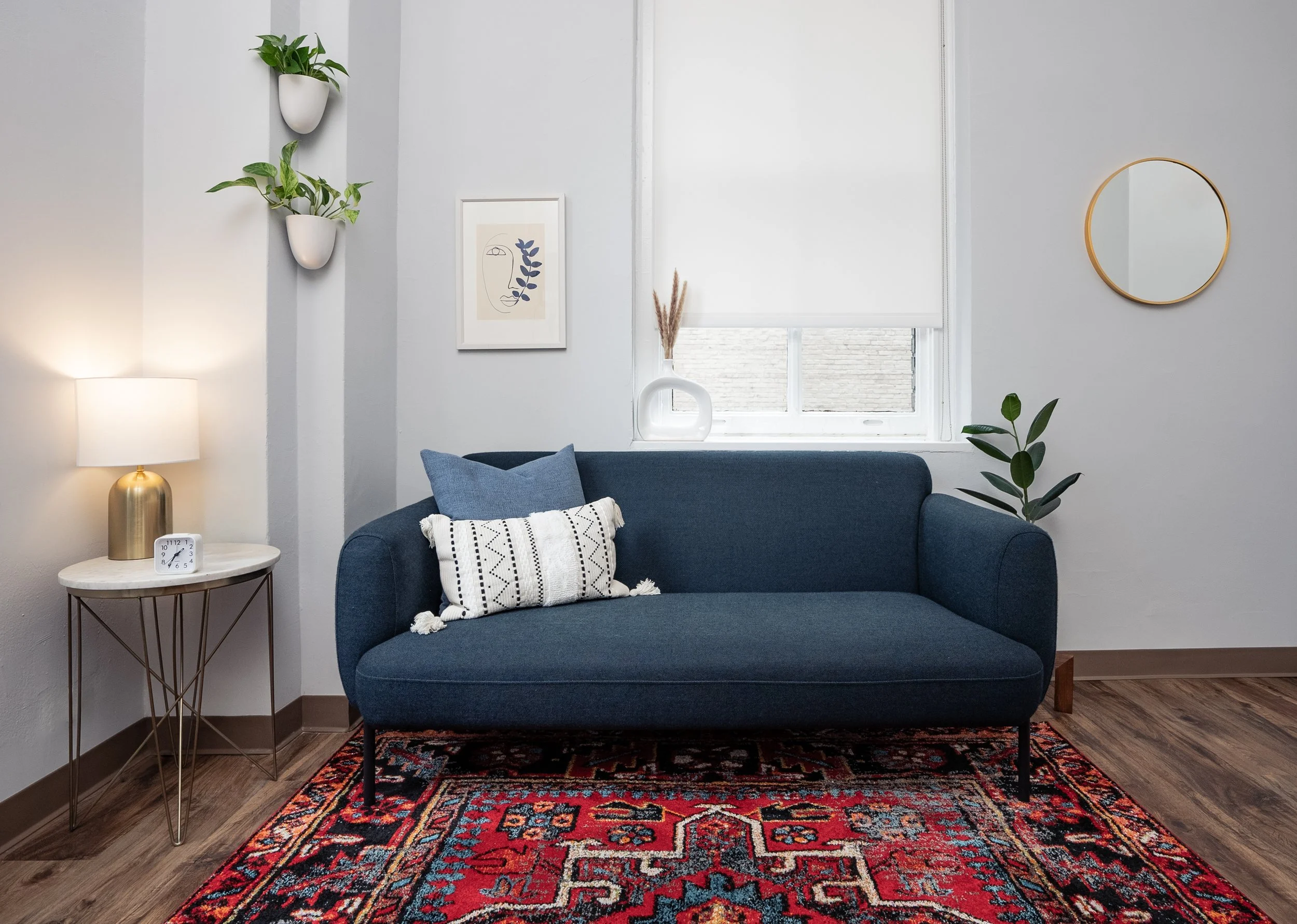 blue couch in therapy office
