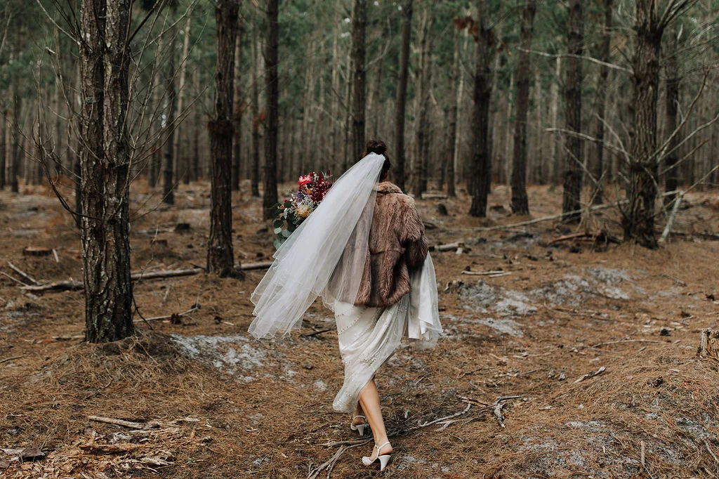 bride wondering in the woods alone after party