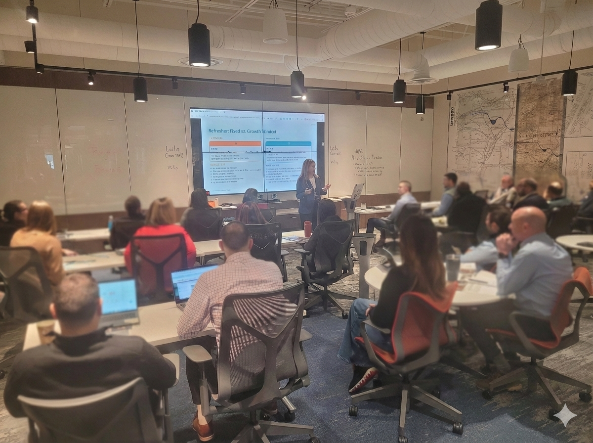 business workshop, with female speaker addressing a group of professionals. Slide shows on the wall behind the speaker with images.