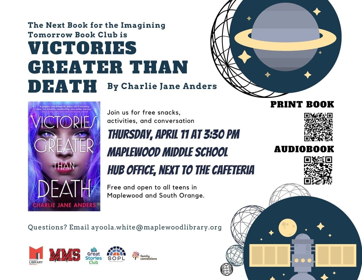 The next book selection for the Imagining Tomorrow Teen Book Club will be VICTORIES GREATER THAN DEATH by Charlie Jane Anders! The book club is open to all Maplewood &amp; South Orange teens and will meet at the Maplewood Middle School HUB office nex