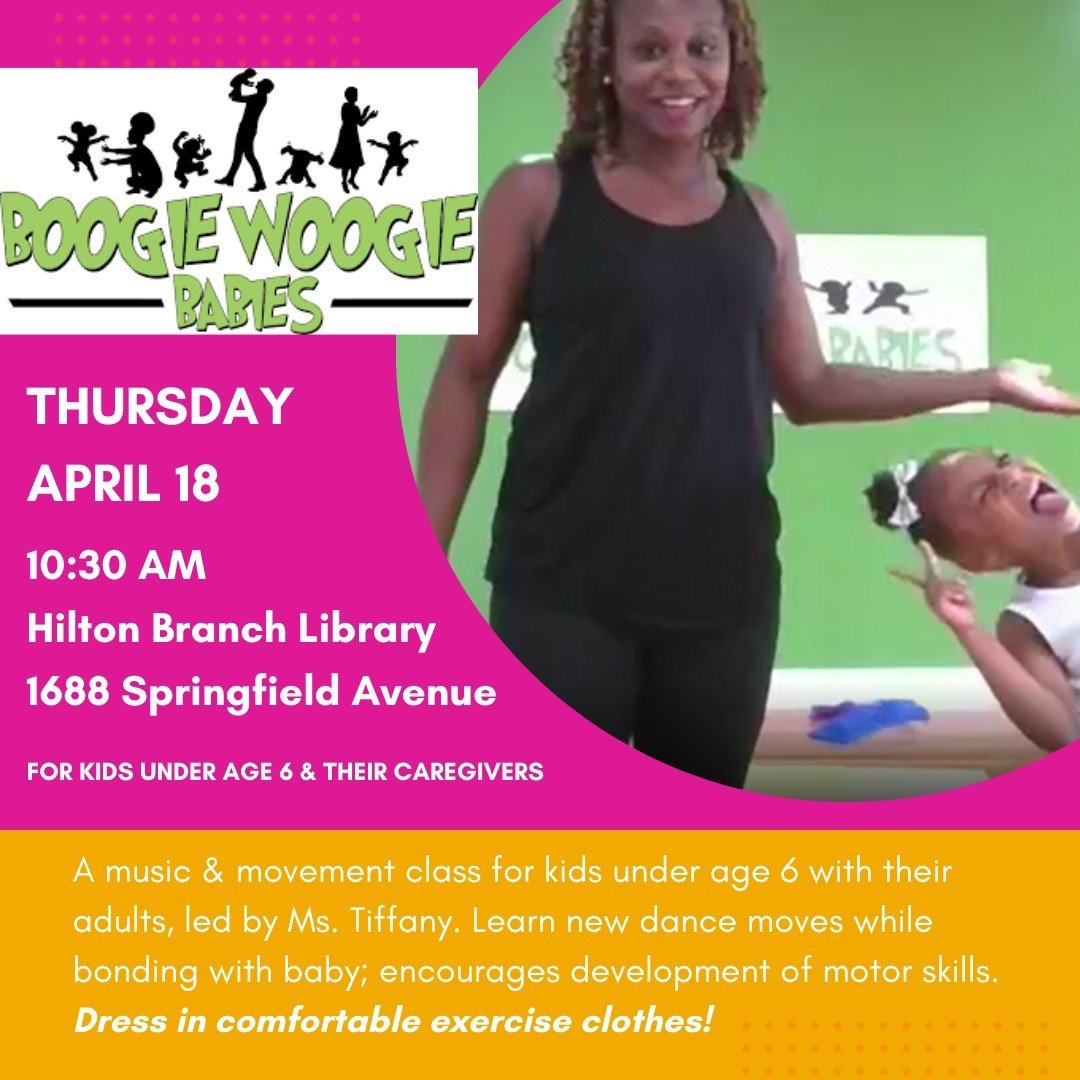 BOOGIE WOOGIE BABIES with Ms. Tiffany 💃🏽⁠
📅 Thursday, April 18 @ 10:30AM⁠
📍 Hilton Branch Library⁠
⁠
A fun, funky, and joyful music &amp; movement class for babies, toddlers, preschool kids and their adults, led by Ms. Tiffany. Dress in comfortab