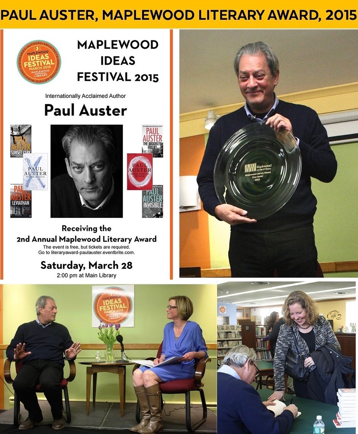 We are saddened to hear about Paul Auster&rsquo;s passing. It was our great honor to present Paul with the Maplewood Literary Award at the library in 2015, a warm and welcome return to the community where he grew up. His literary greatness will have 