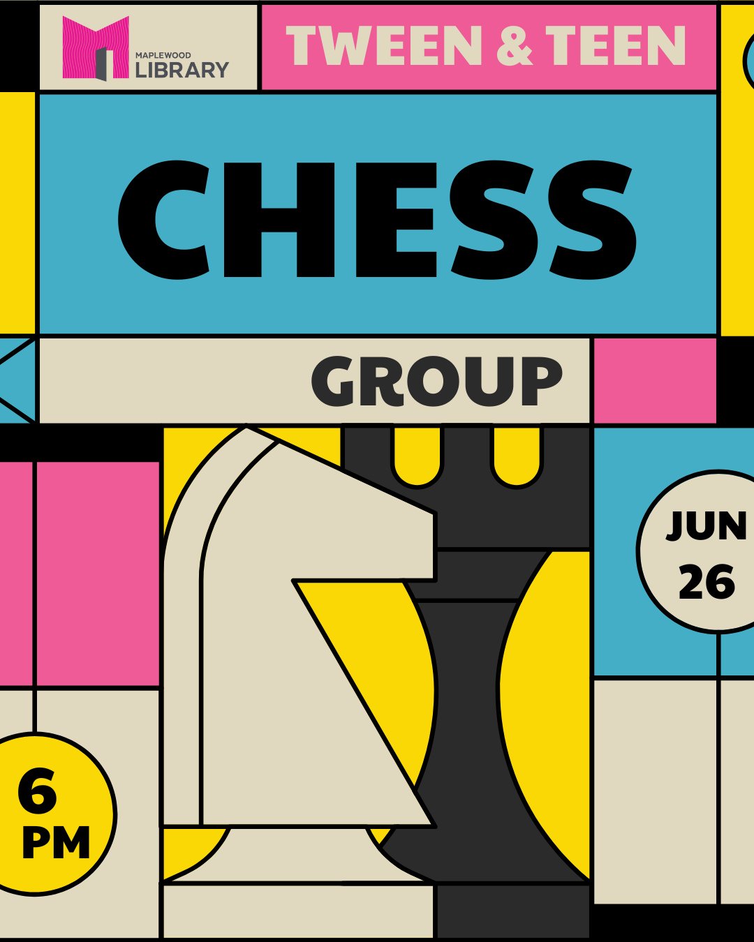 Tween &amp; Teen Chess Group⁠
📅 Thursday, June 26⁠
🕕️ 6PM⁠
📍 Hilton Branch Library⁠
⁠
Learn and practice chess skills! Feel free to use one of their free chess sets or bring your own. Open to tweens &amp; teens of all skill levels.⁠