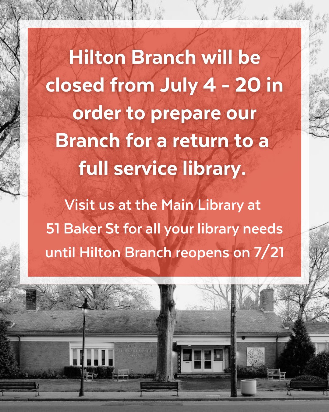 A reminder that the Grand Opening of the Main Library is this Saturday, July 5th, with a ribbon cutting ceremony at 11AM! Please note: in order to prepare our Hilton Branch for a return to a full service library, the Branch will be closed from July 4