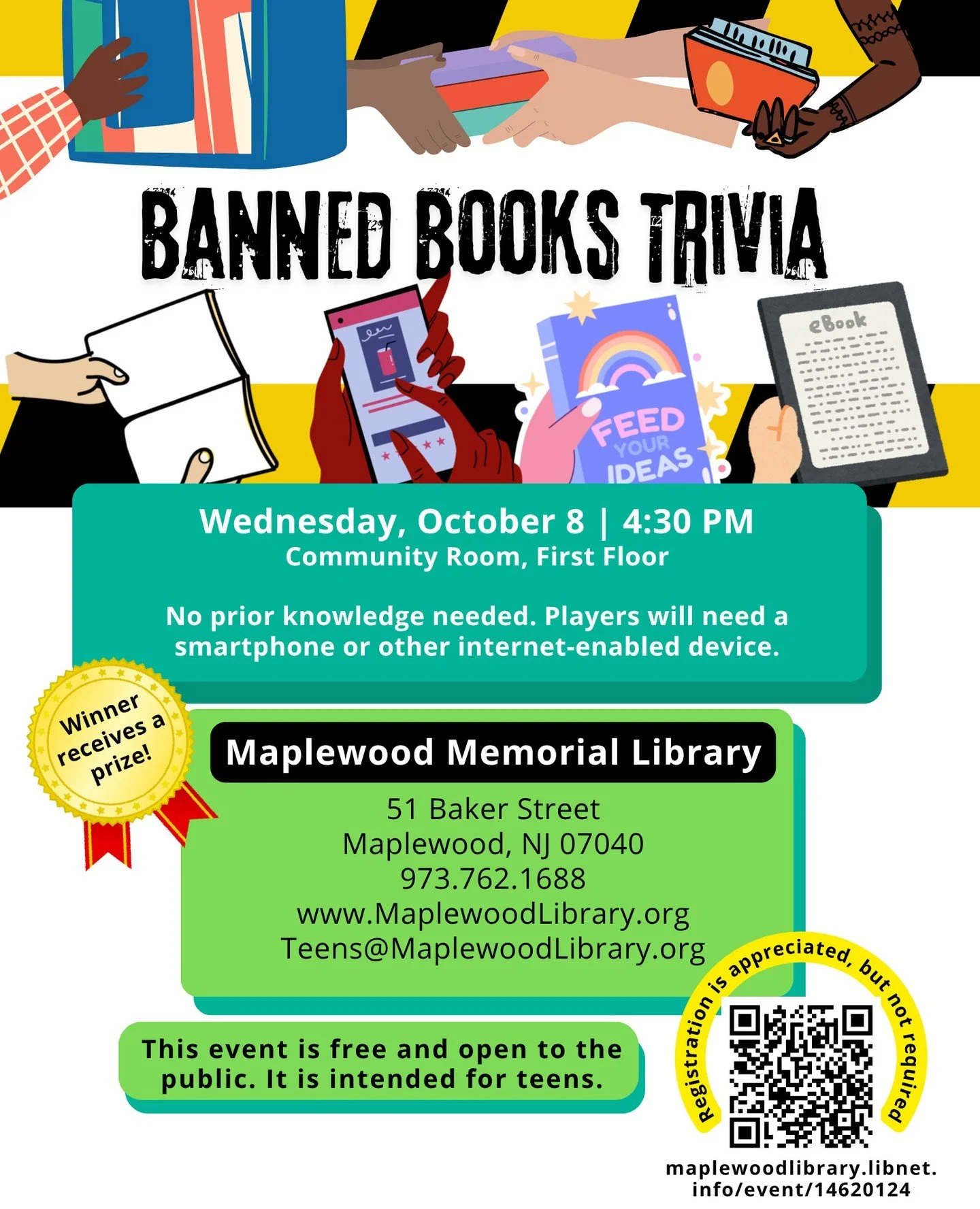 Banned Books Week Trivia⁠
📅 Wednesday, October 08⁠
🕟️ 4:30pm - 5:30pm⁠
📍 Maplewood Memorial Library Community Room⁠
⁠
Test your knowledge of banned books for a chance at winning a prize.⁠
⁠
Do you know the top 10 books challenged in 2025, or why b