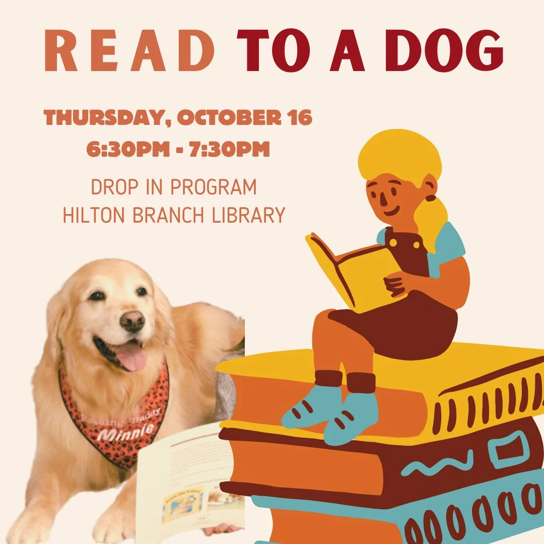 READ TO A DOG returns to Hilton Branch Library this week!⁠
📅 Thursday, October 16 from 6:30PM-7:30PM⁠
⁠
Drop in to read aloud to a therapy dog! Attendees will take turns reading aloud in a friendly &amp; relaxed group environment. Bring something to