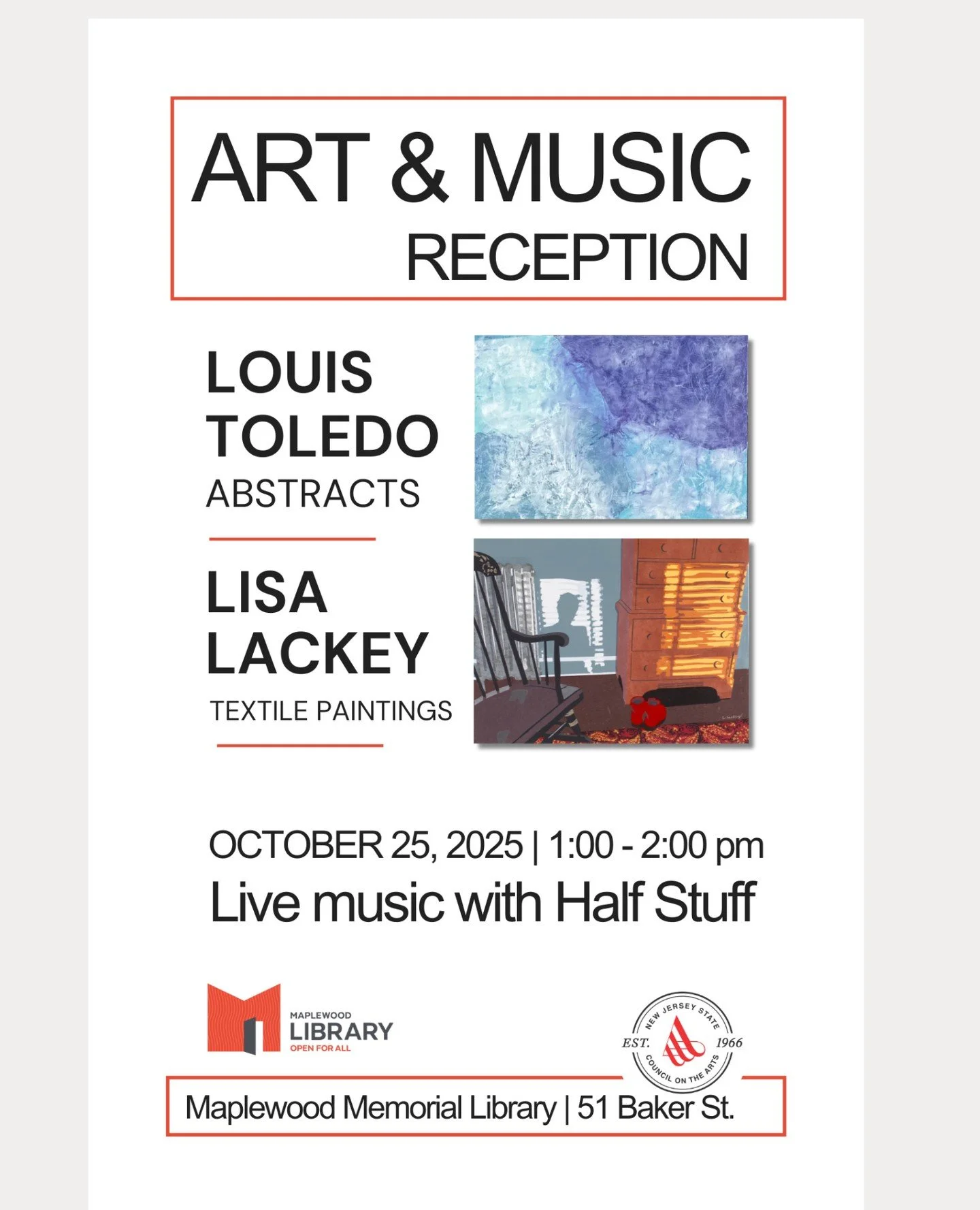 Art &amp; Music Reception: Louis Toledo and Lisa Lackey⁠
📅 Saturday, October 25⁠
🕐️ 1:00pm - 2:00pm ⁠
📍 Maplewood Memorial Library Community Room⁠
⁠
Join us for an art &amp; music reception celebrating our fall artists Louis Toledo, abstracts, and