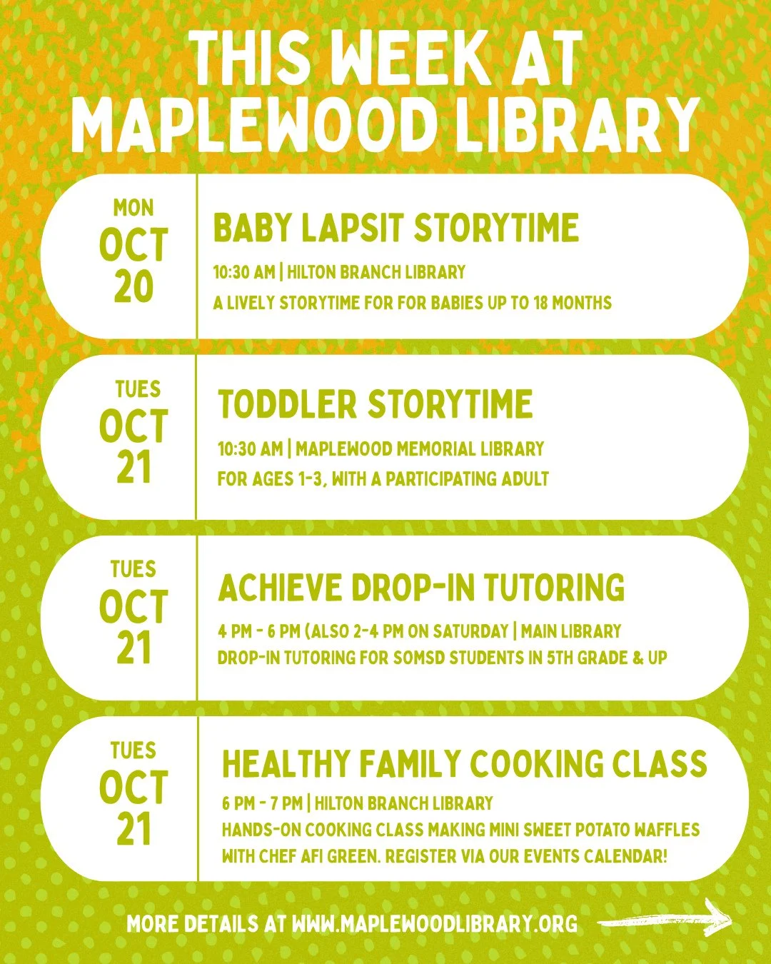 Check out the programs & events happening at Maplewood Library this week! Please note the location for each event: Maplewood Memorial Library/Main Library (51 Baker St) or Hilton Branch Library (1688 Springfield Ave). For more information about e