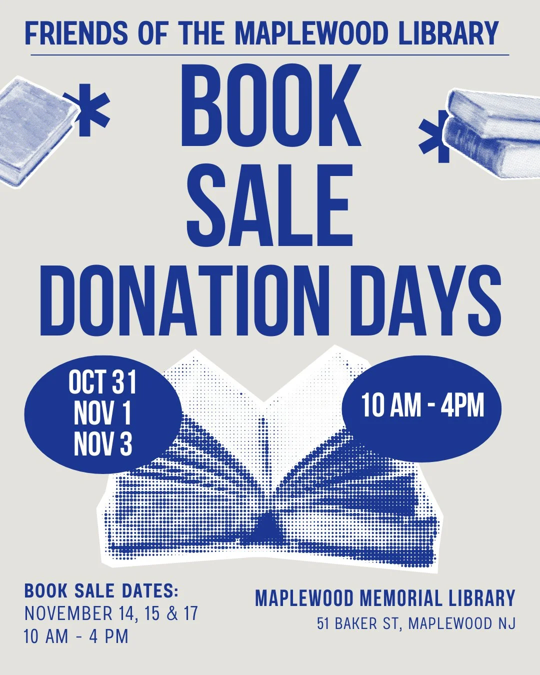 The Friends of the Maplewood Library Book Sale returns to Main Library in November! Please see below for information about donation dates, sale dates, and further details. 
BOOK DONATION DAYS
The Friends of the Library will collect donations on