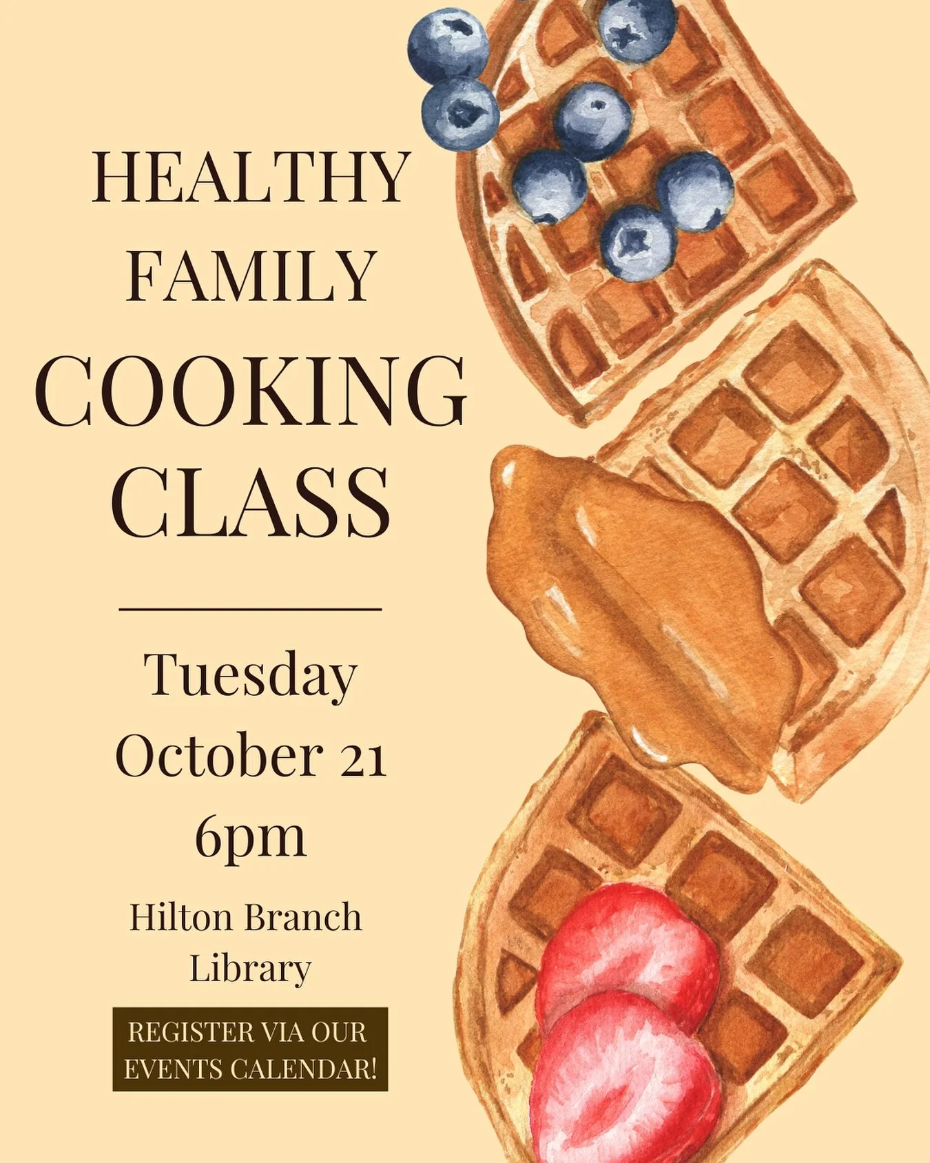 Register for a Healthy Family Cooking Class at Hilton Branch Library on Tuesday, October 21st at 6PM! Chef Afi Green will teach a hands-on cooking class making mini sweet potato waffles for kids and their families. Register via the Events Calendar on