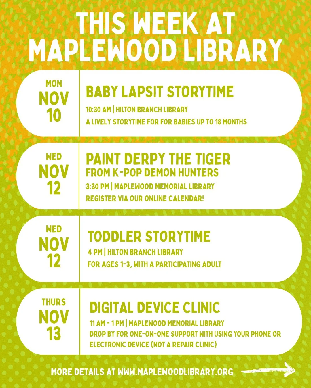 Check out the programs &amp; events happening at Maplewood Library this week! Please note the location for each event: Maplewood Memorial Library/Main Library (51 Baker St) or Hilton Branch Library (1688 Springfield Ave). For more information about e