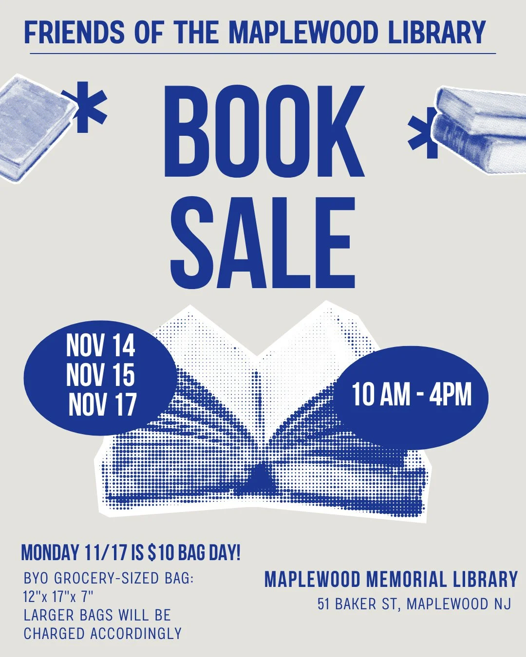 The Friends of the Maplewood Library BOOK SALE will take place this Friday, Saturday &amp; Monday, November 14, 15 &amp; 17th! The book sale will take place in the lower level of the new Main Library from 10AM - 4PM each day. ⁠
⁠
Monday 11/7 will be 