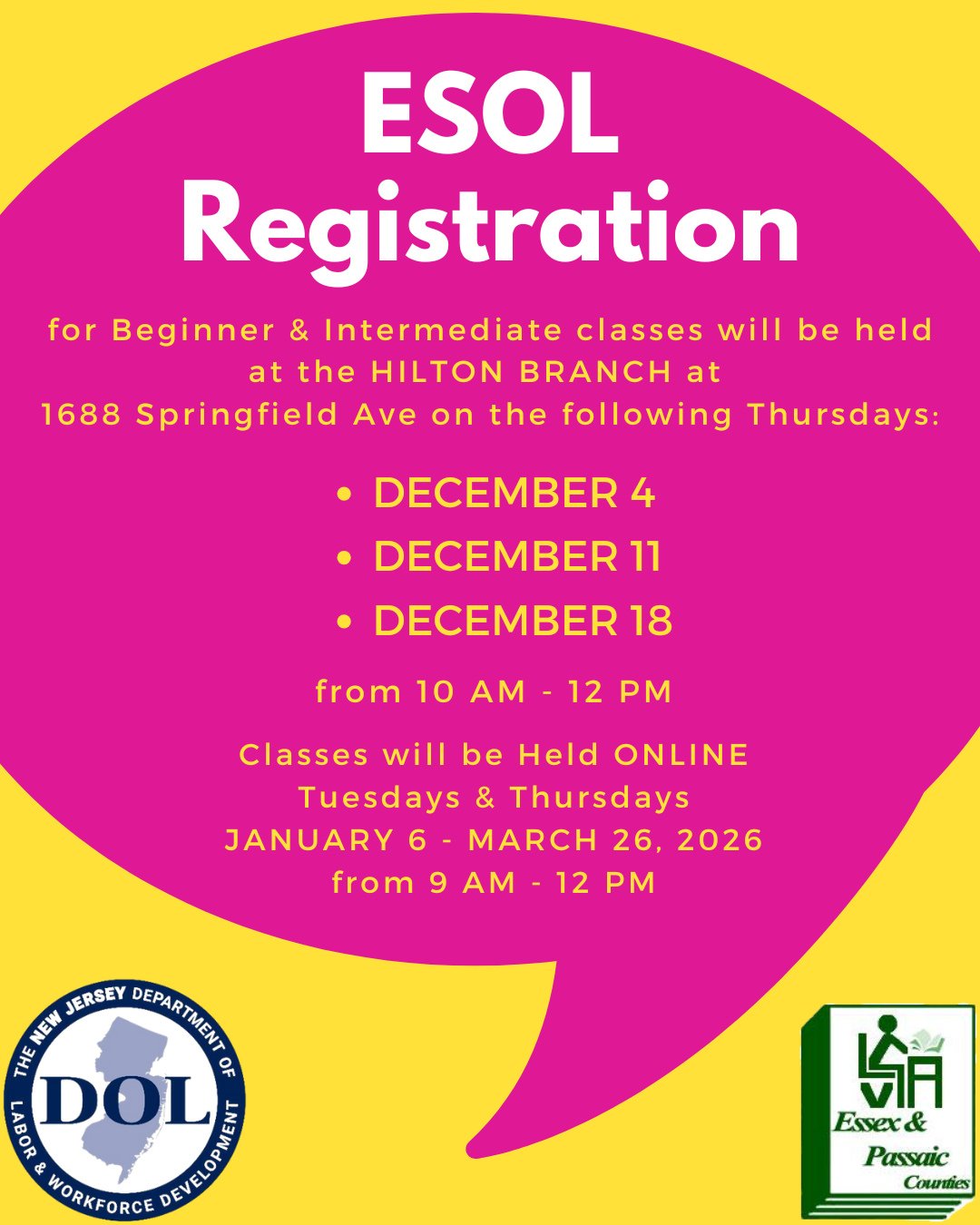 ESOL Class Registration starts next week and runs through December 18th! Registration for Beginner and Intermediate online classes will take place at the Hilton Branch, 1688 Springfield Ave., from 10AM - 12PM on Thursdays December 6, 11 &amp; 18th.⁠
