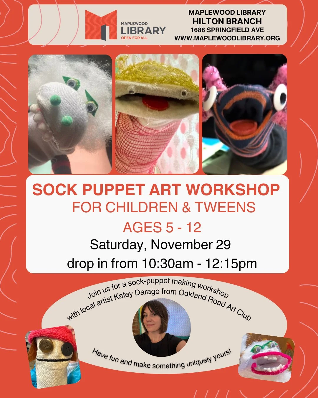 Sock Puppet Art Workshop⁠
📅 Saturday, November 29⁠
🕥️ 10:30am - 12:15pm⁠
📍 Hilton Branch Library⁠
⁠
Join us on Saturday for a sock-puppet making workshop with local artist Katey Darago from Oakland Road Art Club. School-age kids and tweens are wel