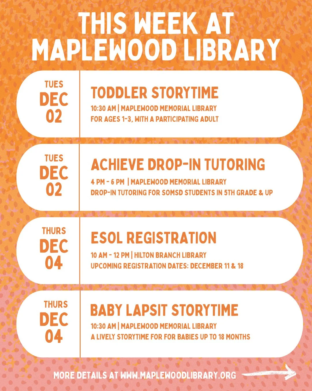 Check out the programs &amp; events happening at Maplewood Library this week! Please note the location for each event: Maplewood Memorial Library/Main Library (51 Baker St) or Hilton Branch Library (1688 Springfield Ave). For more information about e