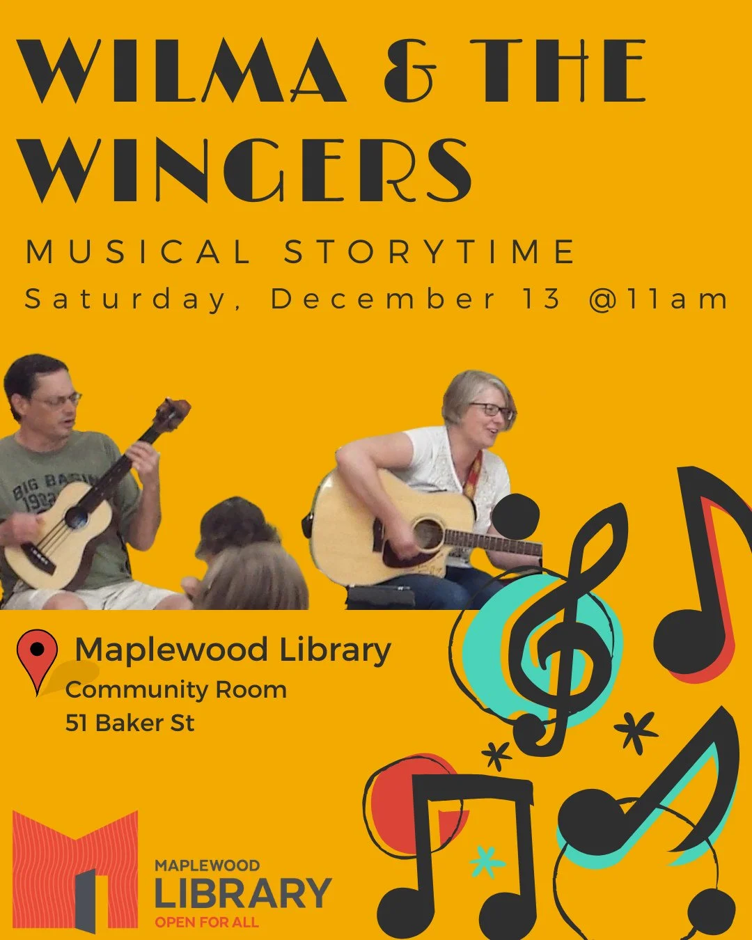 Wilma &amp; the Wingers: a musical storytime⁠
📅 Saturday, December 13 @ 11AM⁠
📍 Maplewood Memorial Library Community Room⁠
⁠
An interactive and inclusive storytime with live music by Wilma and friends. Come sing &amp; dance with us! Lots of fun for