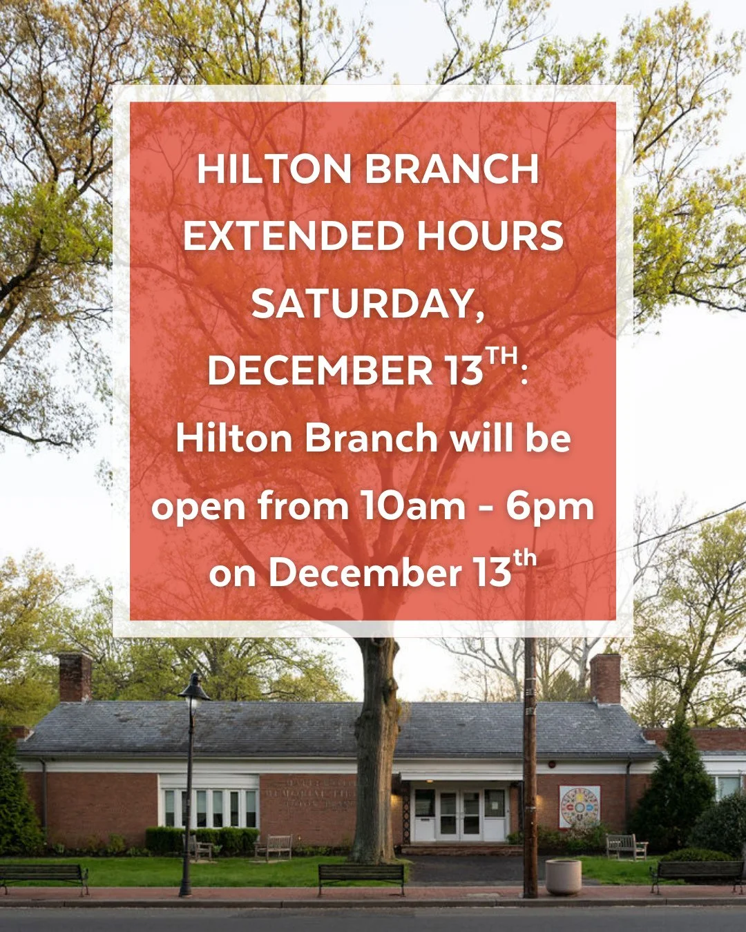 Hilton Branch will be open until 6pm this Saturday, December 13th!⁠
⁠
From 10:30am - 12:15pm, school-age kids &amp; tweens are invited to drop in for a MASK MAKING WORKSHOP with local artist Katey Darago from Oakland Road Art Club.⁠
⁠
Later in the af