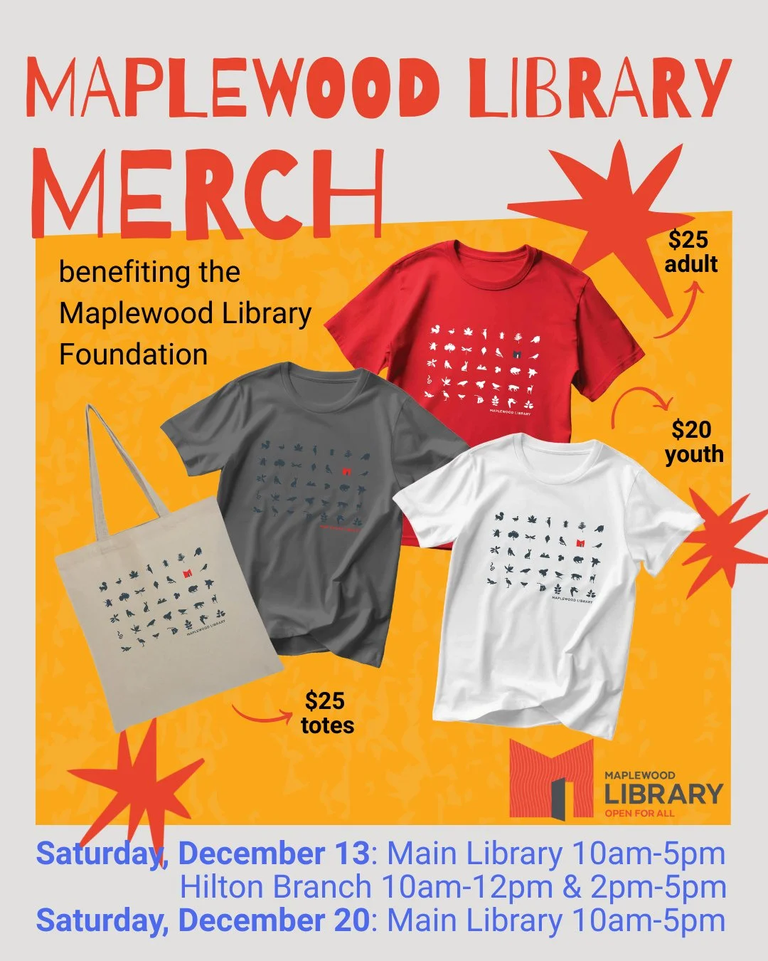 ✨ Limited Edition Maplewood Library Merch Sale happening on Saturday, December 13th and 20th!⁠ ✨
⁠
T-shirts ($25 adult; $20 youth) and canvas tote bags ($25) in various colors can be purchased in person on the following dates:⁠
⁠
Saturday, December 1