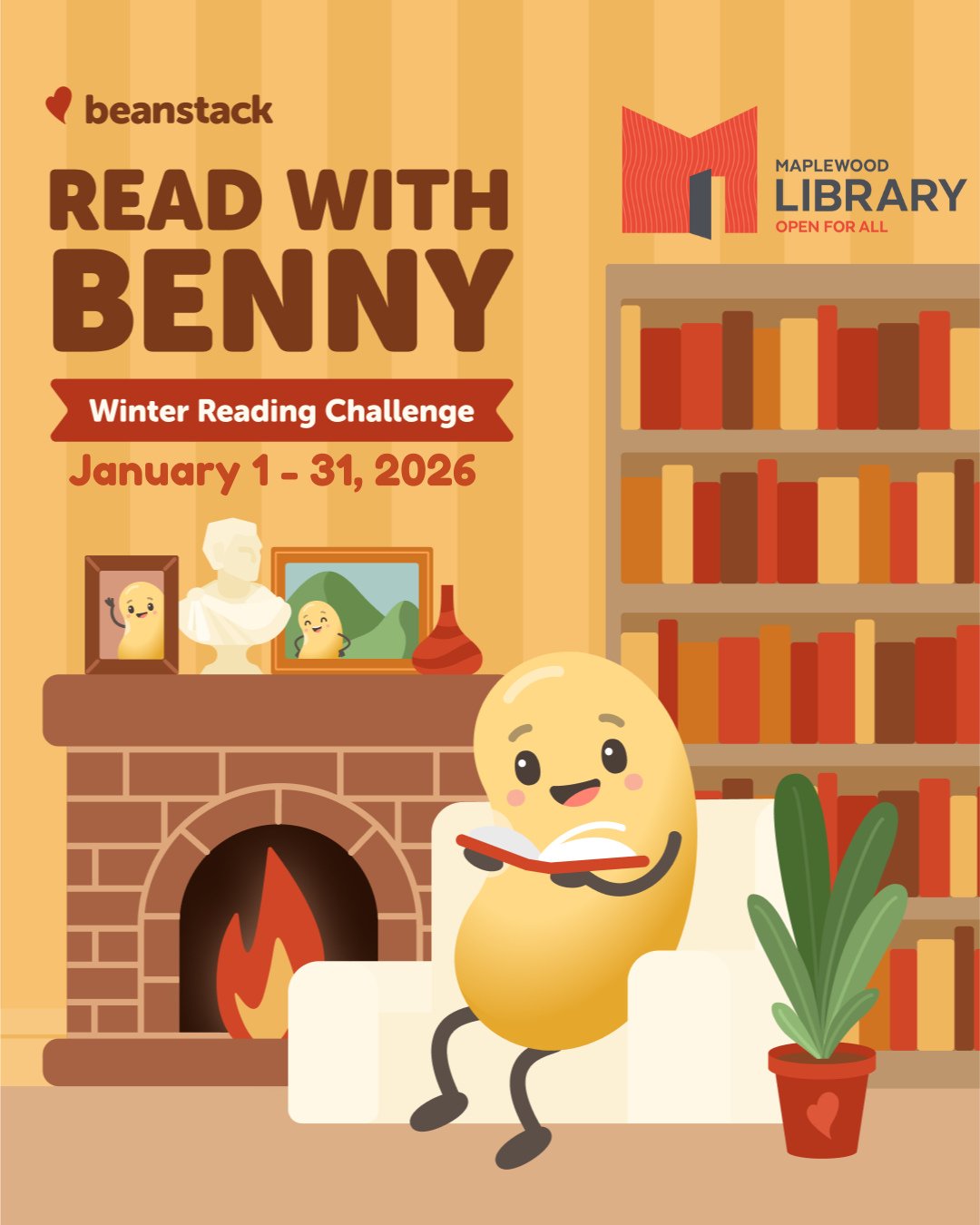 From January 1-31, Maplewood Library is participating in Beanstack's &ldquo;Read with Benny&rdquo; Winter Reading Challenge for all ages!⁠
⁠
�We challenge our community to read at least 10 hours (or more!) during the  month and keep track of your rea