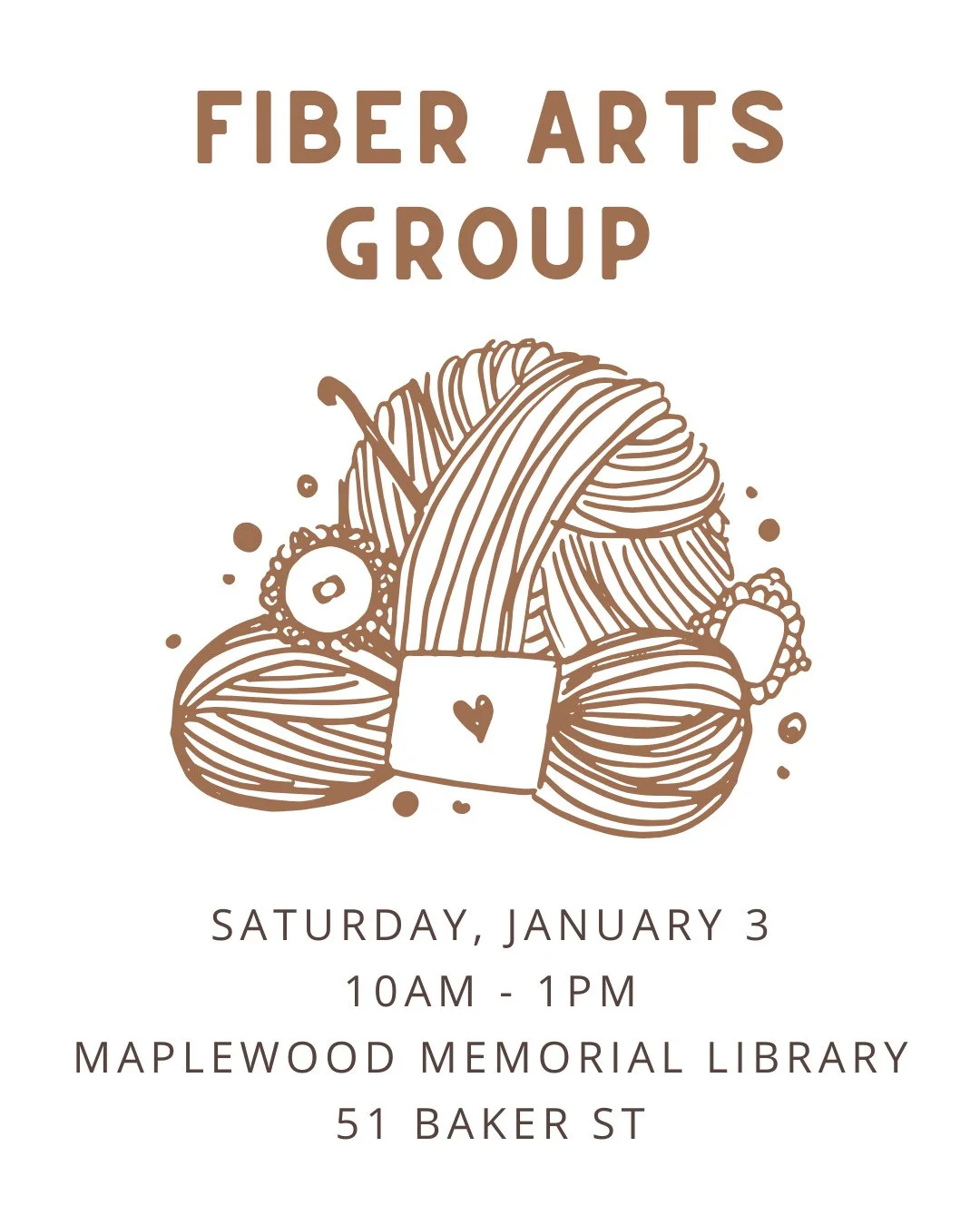 Fiber Arts Group⁠
📅 Saturday, January 3⁠
🕙️ 10AM - 1PM (Drop in between these hours!)⁠
📍 Maplewood Memorial Library⁠
⁠
Do you enjoy creating with fabric, yarn or other fibers? Unwind, connect, and get support among fellow crafters while working on