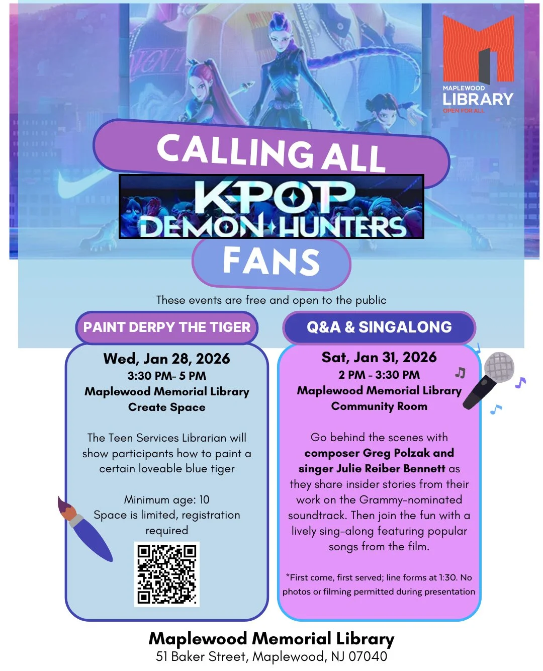 Calling all KPop Demon Hunters fans! Get ready for a KPop Demon Hunters Behind-the-Scenes Presentation, Q&amp;A, and Sing-along with creators from the hit show on Saturday, January 31 at 2PM at Maplewood Memorial Library!
⁠
Go behind the scenes with 