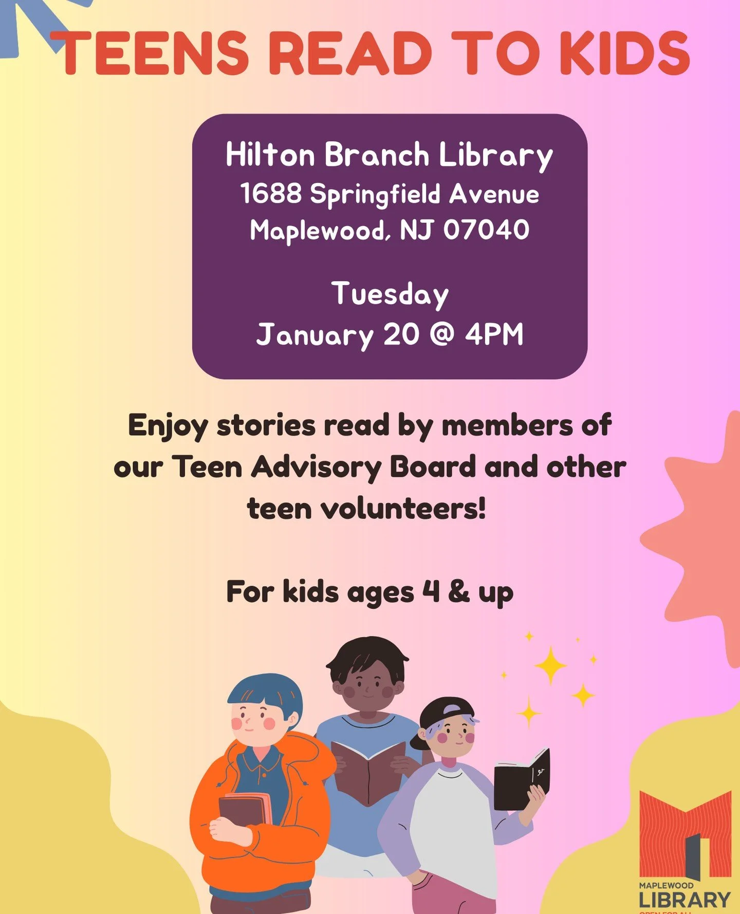 Teens Read to Kids⁠
📅 Tuesday, January 20⁠
🕓️ 4PM⁠
📍Hilton Branch Library⁠
⁠
Enjoy stories read by Teen Advisory Board members and other volunteers, for kids ages 4 &amp; up.