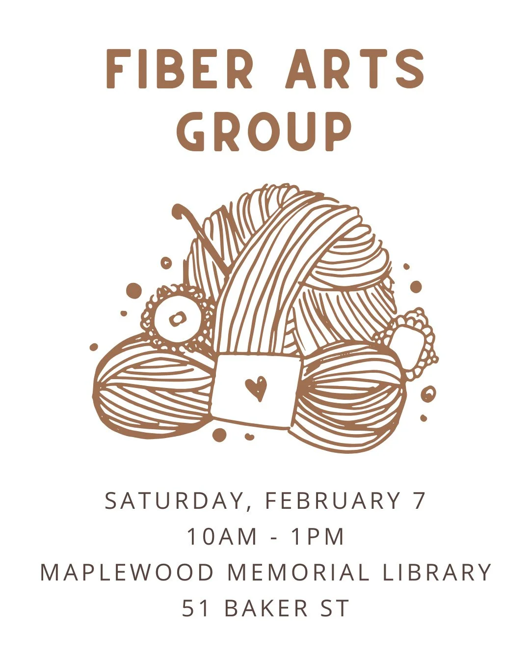 Fiber Arts Group⁠
📅 Saturday, February 7⁠
🕙️ 10AM - 1PM (Drop in between these hours!)⁠
📍 Maplewood Memorial Library⁠
⁠
Do you enjoy creating with fabric, yarn or other fibers? Unwind, connect, and get support among fellow crafters while working o