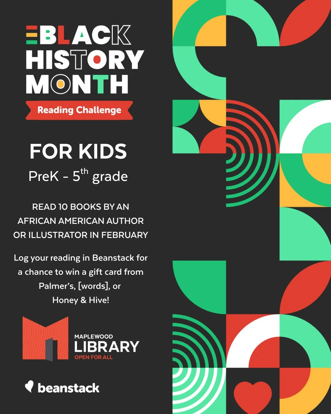 Black History Month Reading Challenge for Kids!⁠
⁠
Kids in Pre-K - 5th grade, join our BHM Reading Challenge on Beanstack! Read 10 books by an African American author or illustrator between February 1st - 28th and earn a chance to win a gift card to 