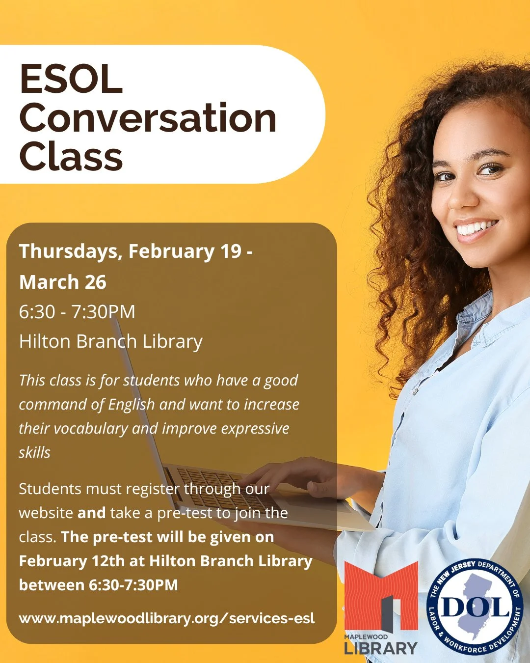ESOL Conversation Class ⁠
📅Thursdays, February 19 - March 26⁠
🕡️ 6:30PM-7:30PM⁠
📍Hilton Branch Library⁠
⁠
This class is for students who have a good command of English and want to increase their English vocabulary and improve expressive skills.⁠
⁠