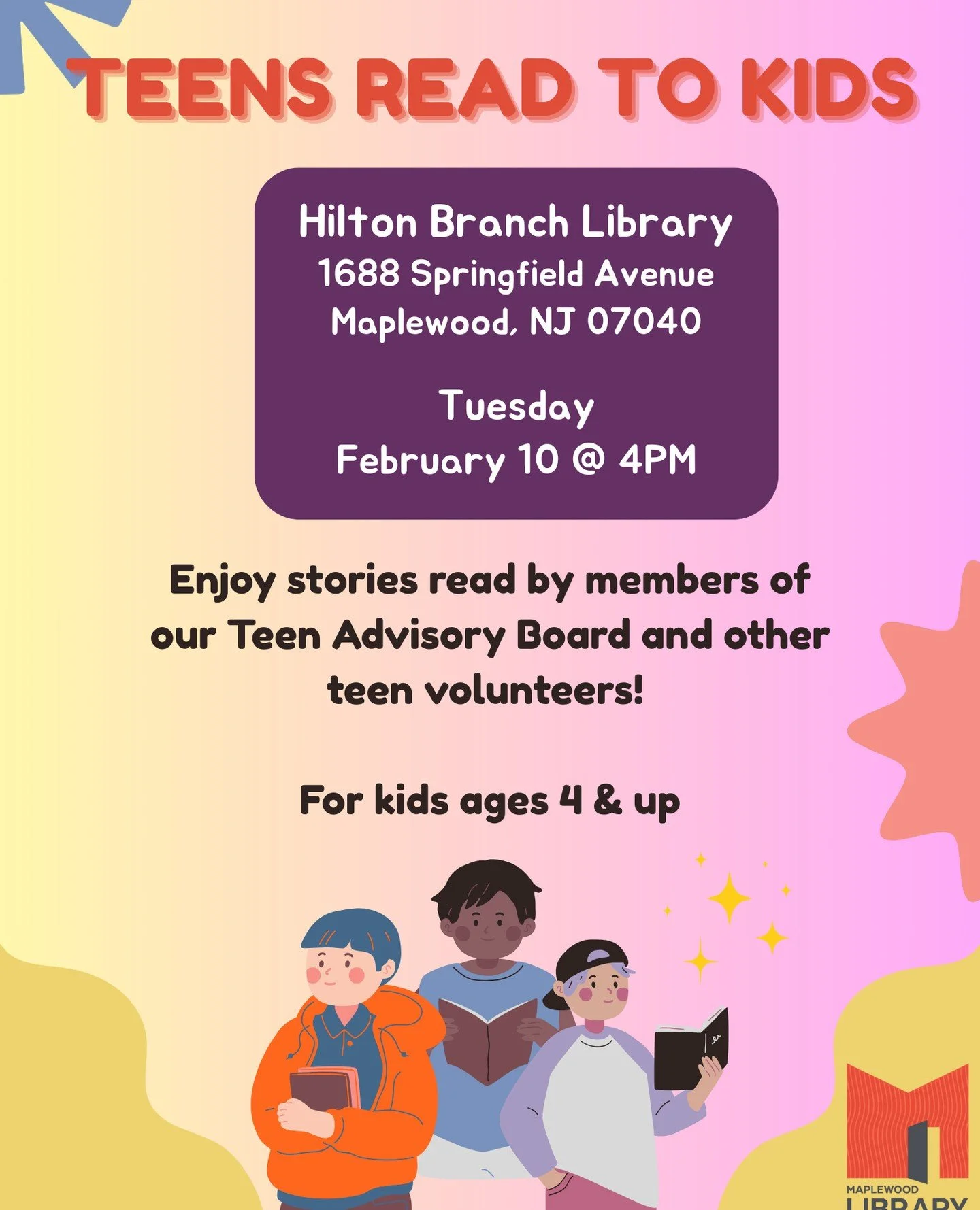 Teens Read to Kids⁠
📅 Tuesday, February 10⁠
🕓️ 4PM⁠
📍Hilton Branch Library⁠
⁠
Enjoy stories read by Teen Advisory Board members and other volunteers, for kids ages 4 &amp; up.