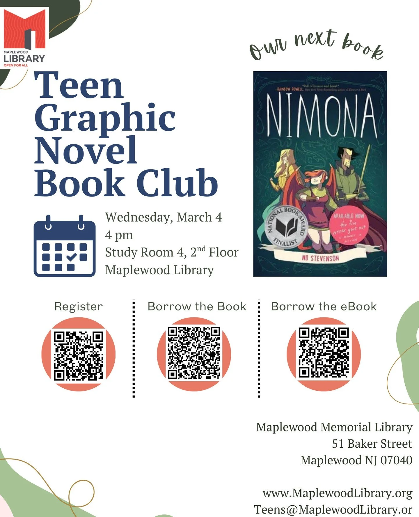 Join our new Teen Graphic Novel Book Club! 💥This book club for middle school and high school students will focus on standalone graphic novels and manga.⁠
⁠
For our next meeting on Wednesday, March 4th at 4PM we'll be talking all about about NIMONA b