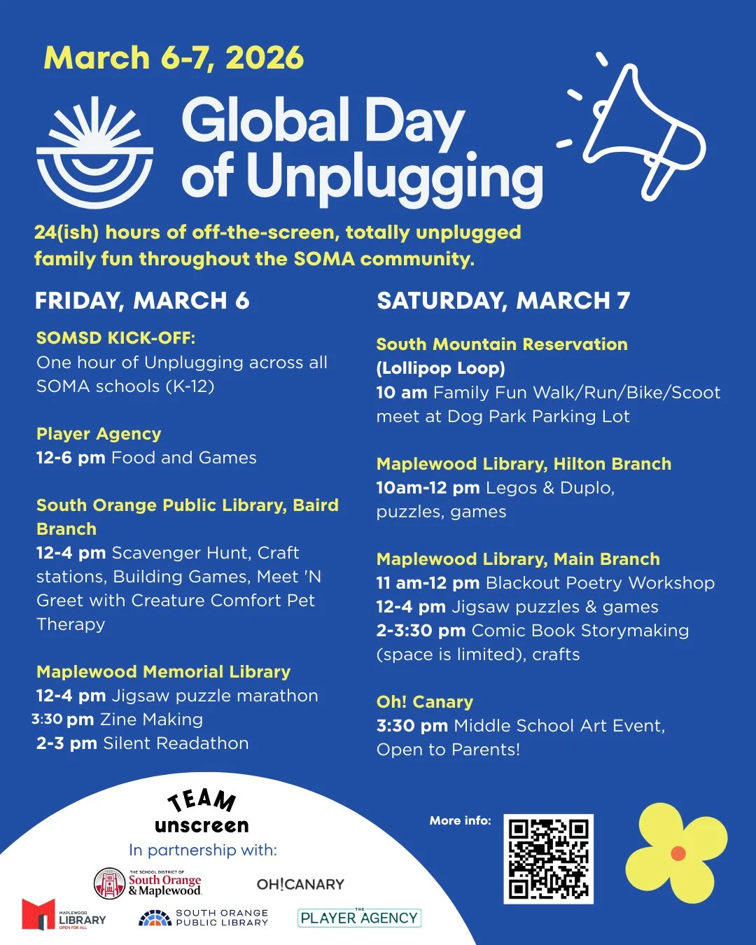 Maplewood Library is joining Team Unscreen, SOMSD, South Orange Library, and other community partners in the Global Day of Unplugging 2026, a community-wide invitation to step away from screens and step back into real life on March 6 &amp; 7. ⁠
⁠
SOM