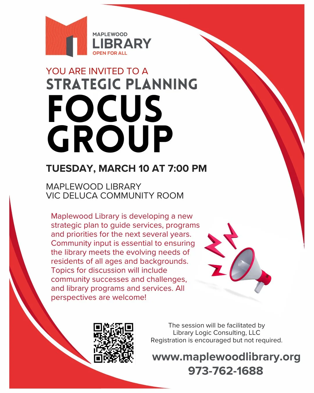 📢 Calling all community members! You are invited to a Community Strategic Planning Focus Group to help shape Maplewood Library's future 📢⁠
⁠
📅 Tuesday, March 10⁠
🕖️ 7:00pm - 8:30pm⁠
📍Maplewood Memorial Library Community Room⁠
⁠
Maplewood Library