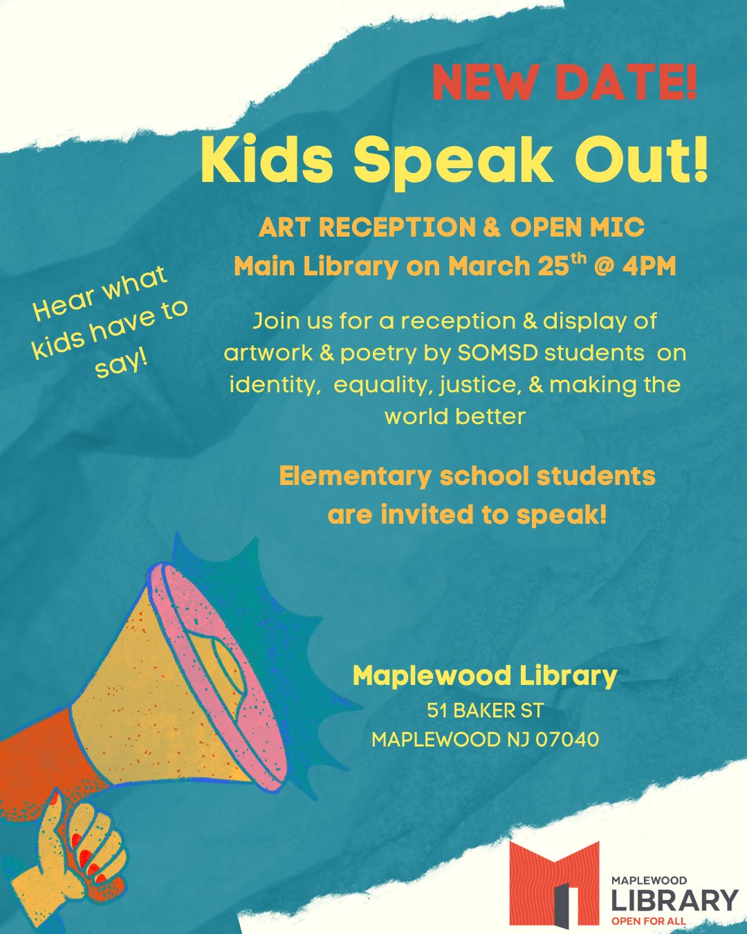 RESCHEDULED! Kids Speak Out: Art &amp; Poetry on Equality, Individuality &amp; Social Justice⁠
📅 Wednesday, March 24 ⁠
 🕓️ 4:00PM - 5:00PM⁠
📍Maplewood Memorial Library⁠
⁠
Join us for a Reception &amp; Open Mic to meet and hear from students artist