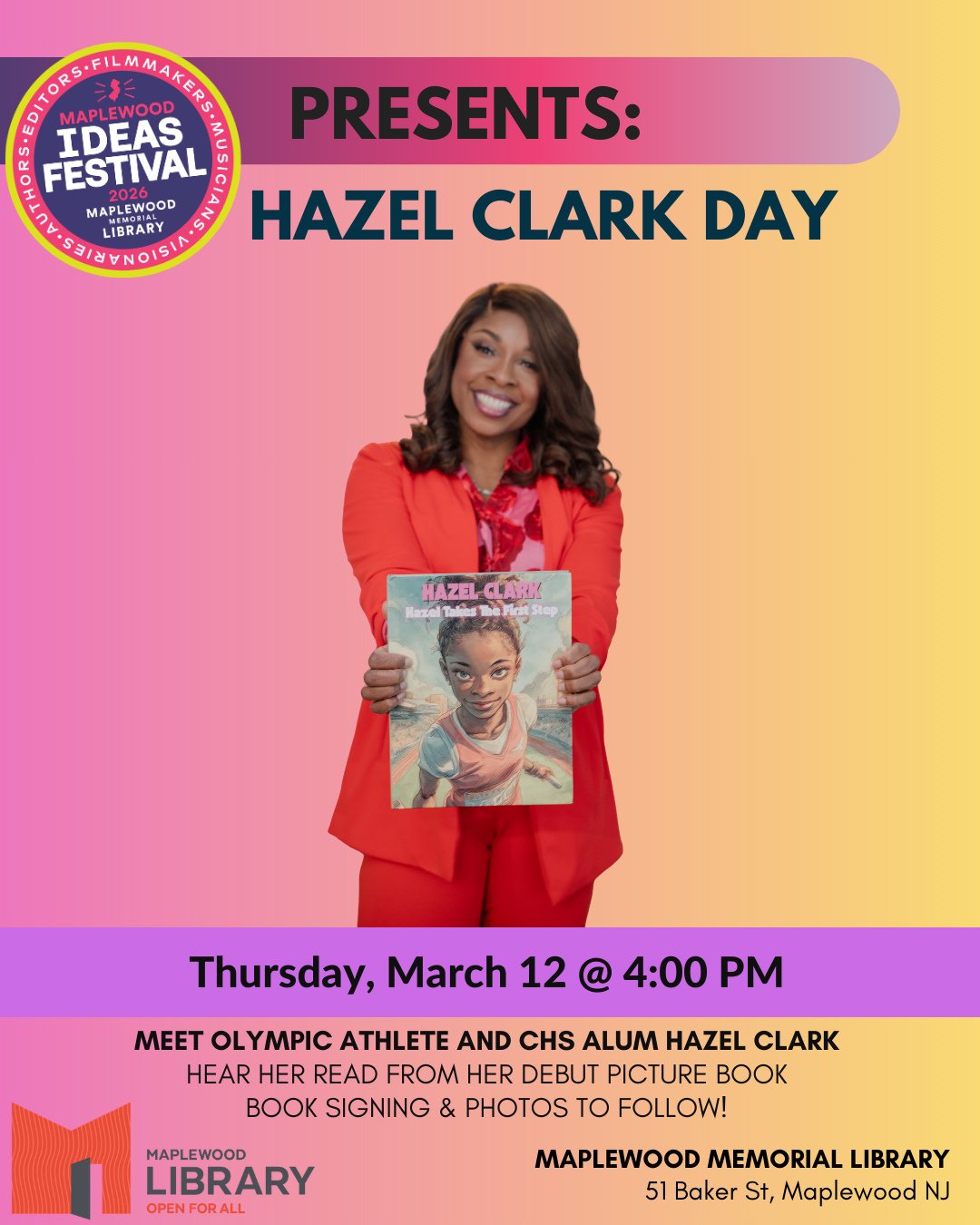 2026 Maplewood Ideas Festival presents: HAZEL CLARK DAY!⁠
⁠
📅 Thursday, March 12⁠
🕓️ 4:00PM - 5:00PM⁠
📍 Maplewood Memorial Library⁠
⁠
Celebrate Hazel Clark Day and the debut of Hazel Clark's new picture book with us! ⁠
⁠
Meet three-time Olympian a