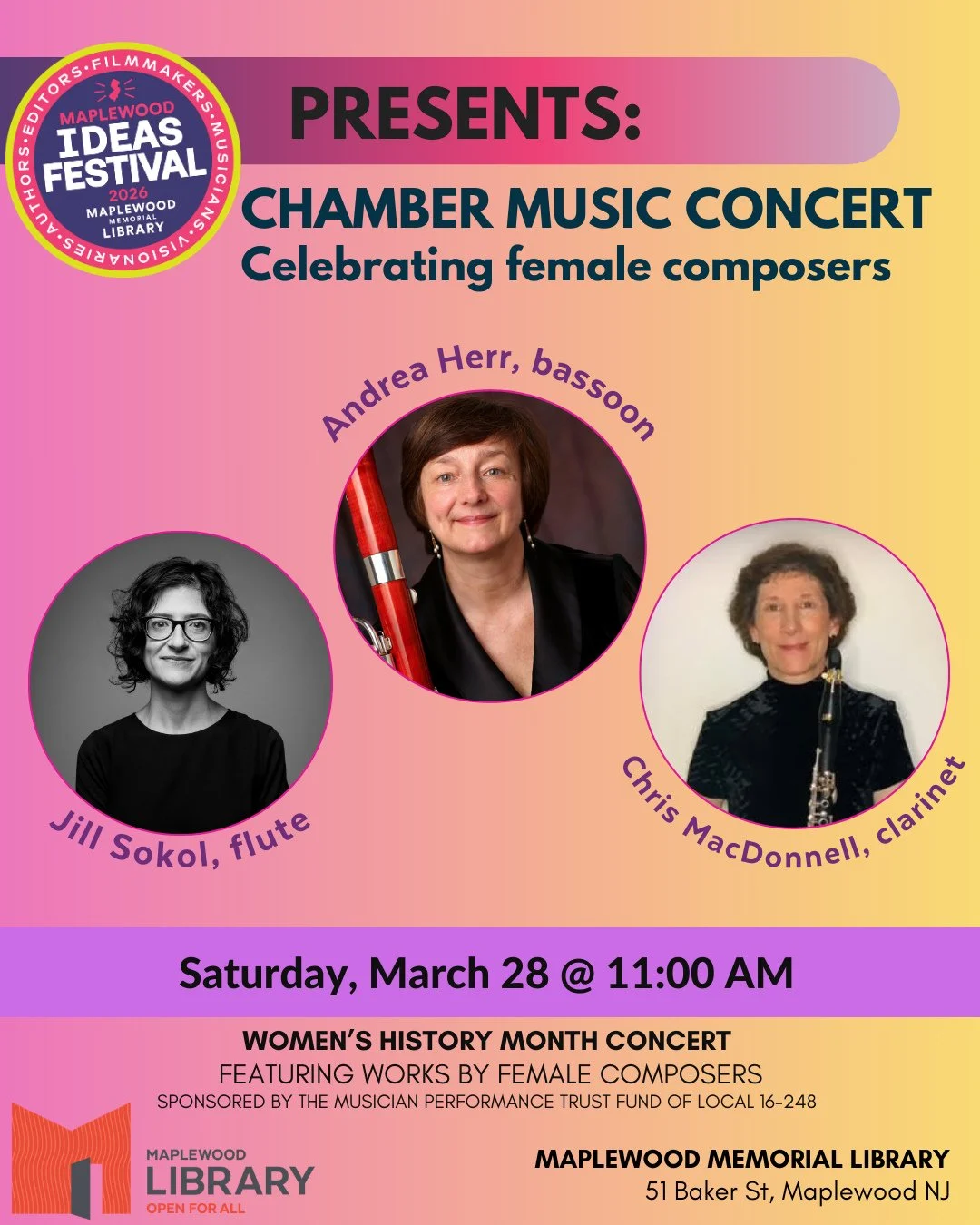 2026 Ideas Festival Presents: CHAMBER MUSIC CONCERT celebrating female composers in honor of Women's History Month⁠
⁠
📅 Saturday, March 28⁠
🕦️ 11:00AM - 12:00PM⁠
📍 Maplewood Memorial Library⁠
⁠
Join us for a chamber music concert celebrating Women