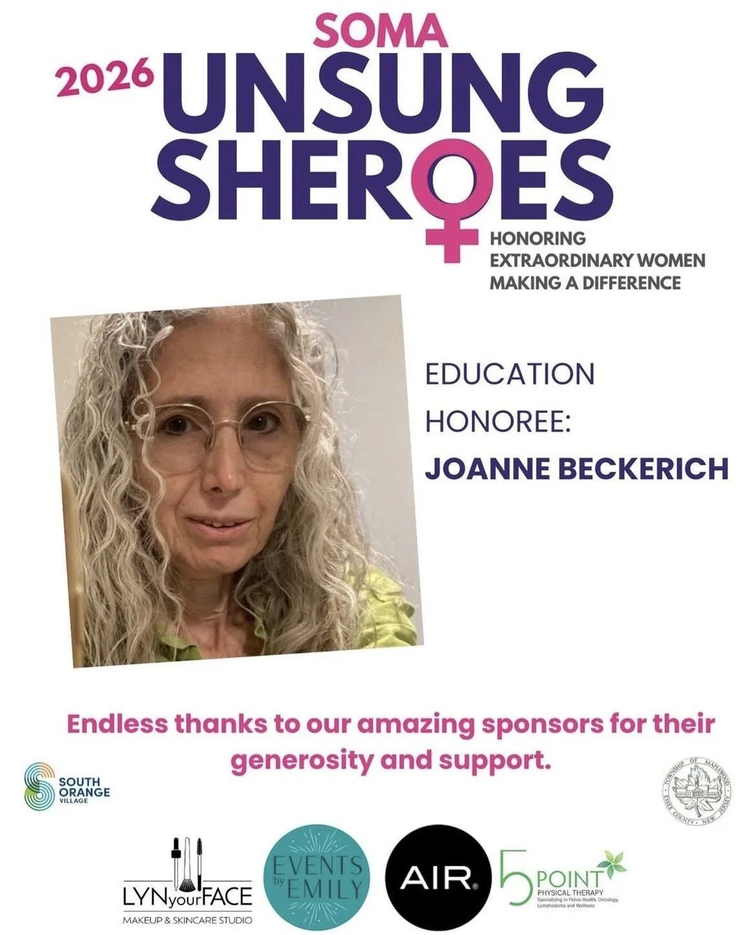 We are so proud to celebrate our own Joanne Beckerich, who will be honored as one of SOMA's Unsung Sheroes of 2026 tonight at a celebration hosted by South Orange Village and Maplewood Township!⁠
⁠
SOMA's Sheroes are extraordinary women who lead with