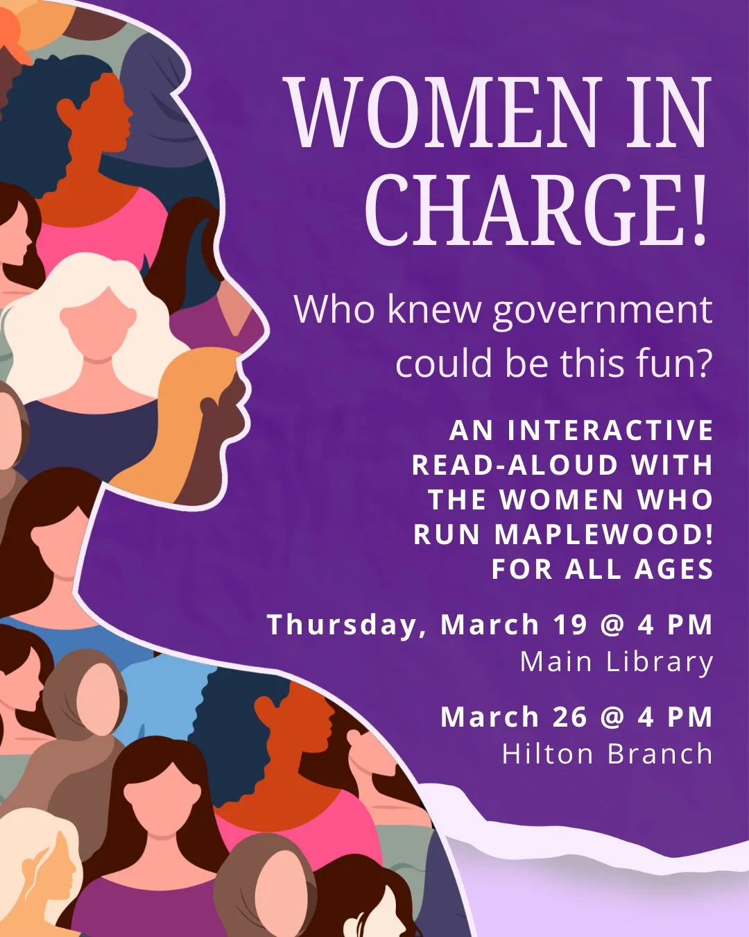 WOMEN IN CHARGE! Who knew government could be this fun?!⁠
An interactive read-aloud with the women who run Maplewood; for all ages.⁠
⁠
📅  Thursday, March 19 @ Main Library / Thursday, March 26 @ Hilton Branch⁠
🕓️ 4:00PM - 4:45PM⁠
⁠
Join us for inte