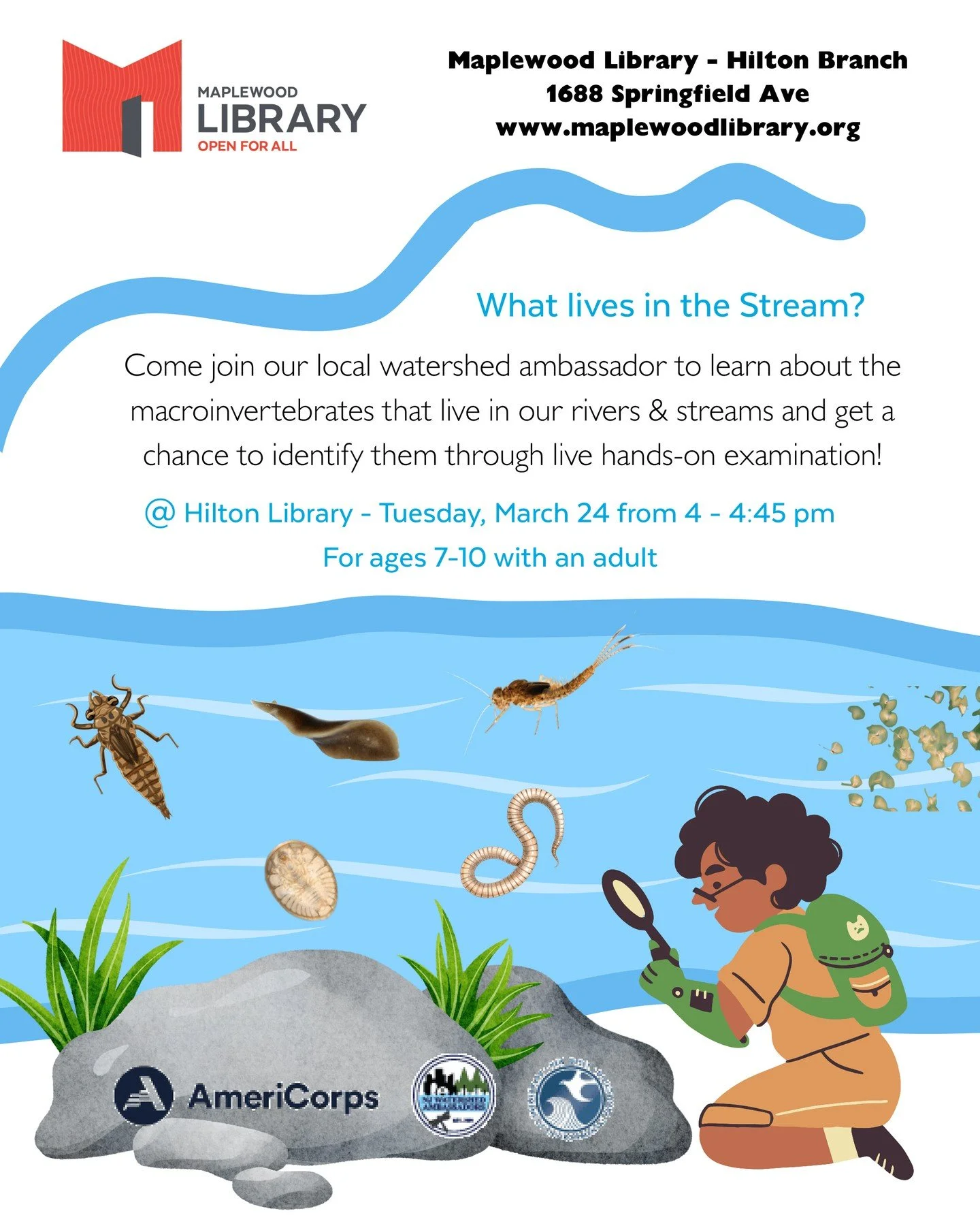 What lives in the Stream? A hands-on STEM program⁠
📅 Tuesday, March 24⁠
🕓️ 4:00PM - 4:45PM⁠
📍 Hilton Branch Library⁠
⁠
Come join our local watershed ambassador to learn about the macroinvertebrates that live in our rivers &amp; streams and get a c