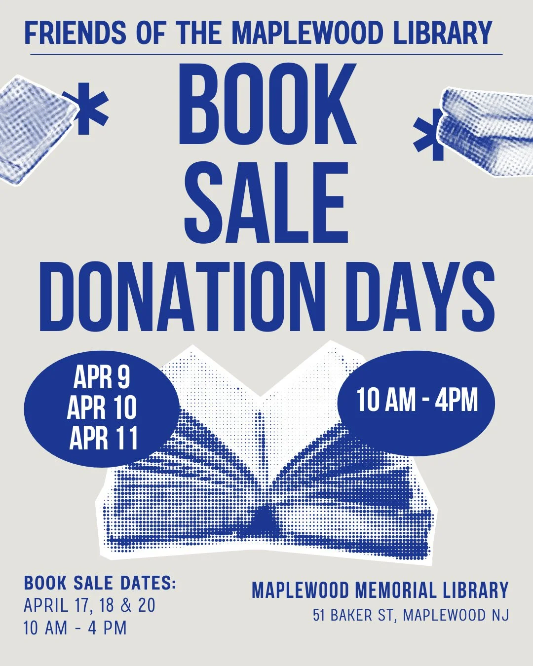 The Friends of the Maplewood Library Spring Book Sale will take place at the Main Library on April 17, 18, &amp; 20 from 10AM - 4PM!⁠
⁠
Book donations will be accepted at Main Library on April 9, 10 &amp; 11 between 10AM - 4PM.⁠
⁠
The Friends of the 