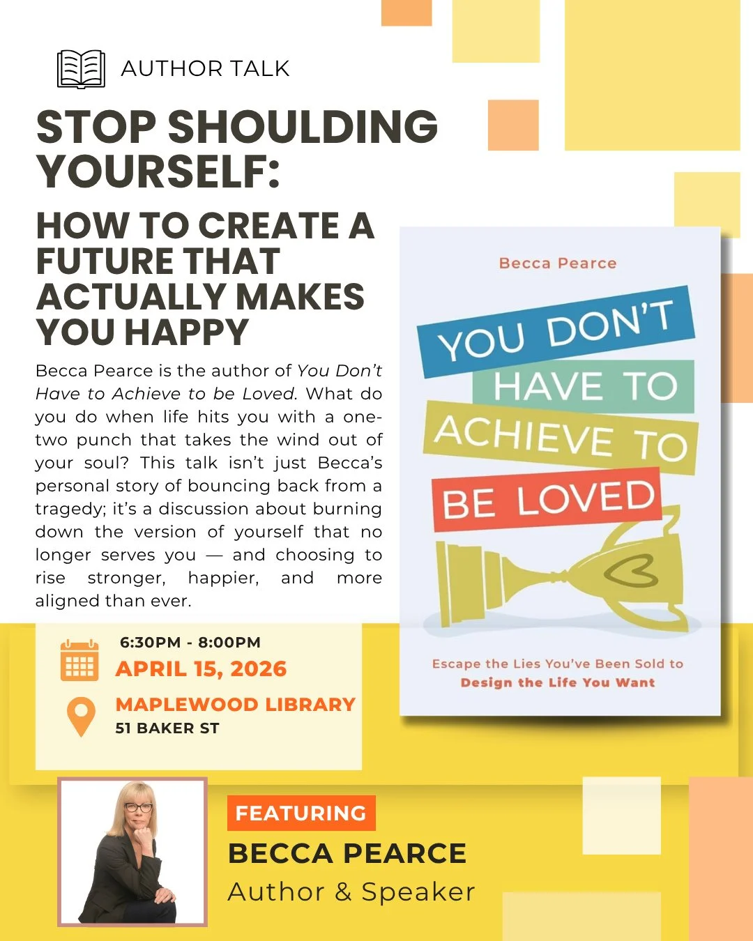 STOP SHOULDING YOURSELF: author talk with Becca Pearce on how to create a future that actually makes you happy⁠
⁠
📅 Wednesday, April 15⁠
🕡️ 6:30PM - 8:00PM⁠
📍 Maplewood Memorial Library⁠
⁠
Becca Pearce is the author of You Don&rsquo;t Have to Achi