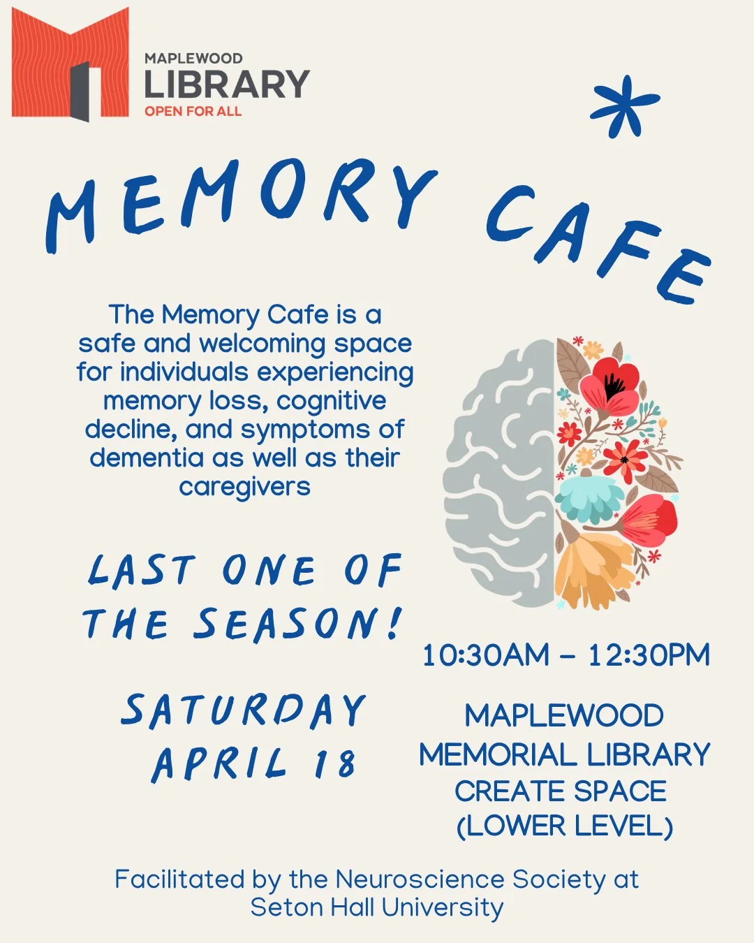 The last Memory Cafe event of the season will be this Saturday, April 18th from 10:30AM - 12:30PM at Main Library!⁠
⁠
The Memory Cafe is a dementia-friendly social gathering: a safe and welcoming space for individuals experiencing memory loss, cognit