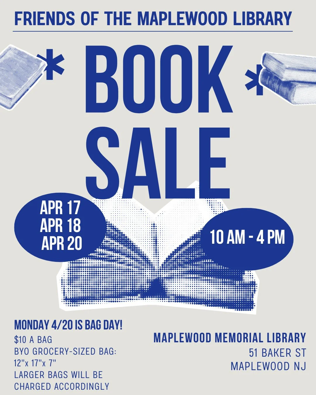 The Friends of the Maplewood Library Spring Book Sale will take place at the Main Library on April 17, 18, &amp; 20 from 10AM - 4PM!⁠
⁠
Monday 4/20 is bag day! $10 a bag⁠
Bring your own grocery-sized bag: 12"W x 17"H x 7"⁠
Larger bags 