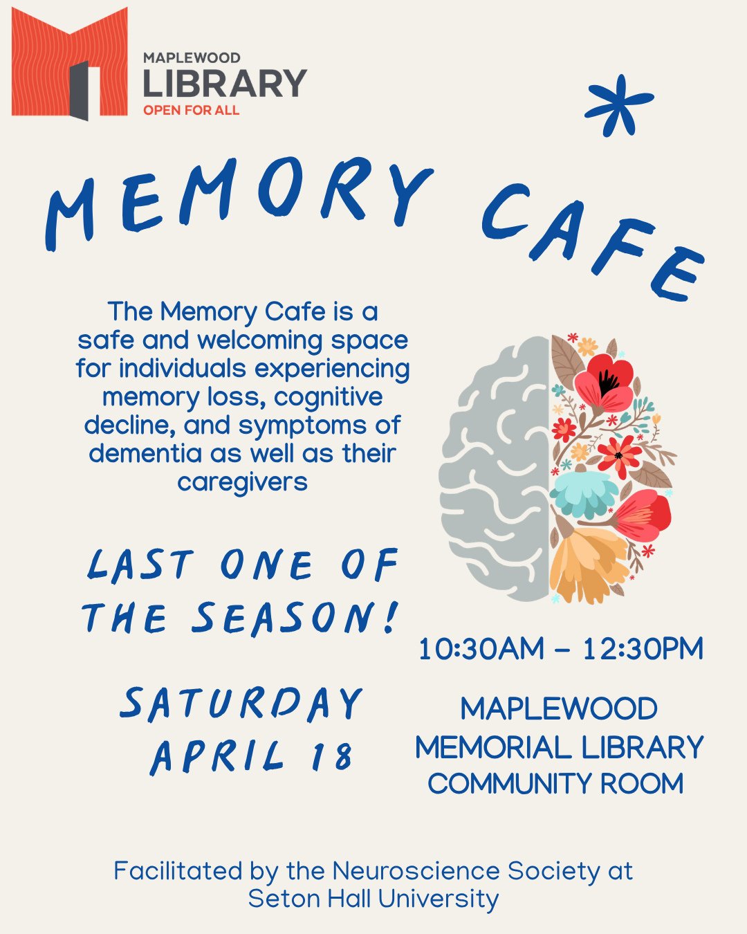 The last Memory Cafe event of the season will be this Saturday, April 18th from 10:30AM - 12:30PM at Main Library!⁠
⁠
The Memory Cafe is a dementia-friendly social gathering: a safe and welcoming space for individuals experiencing memory loss, cognit