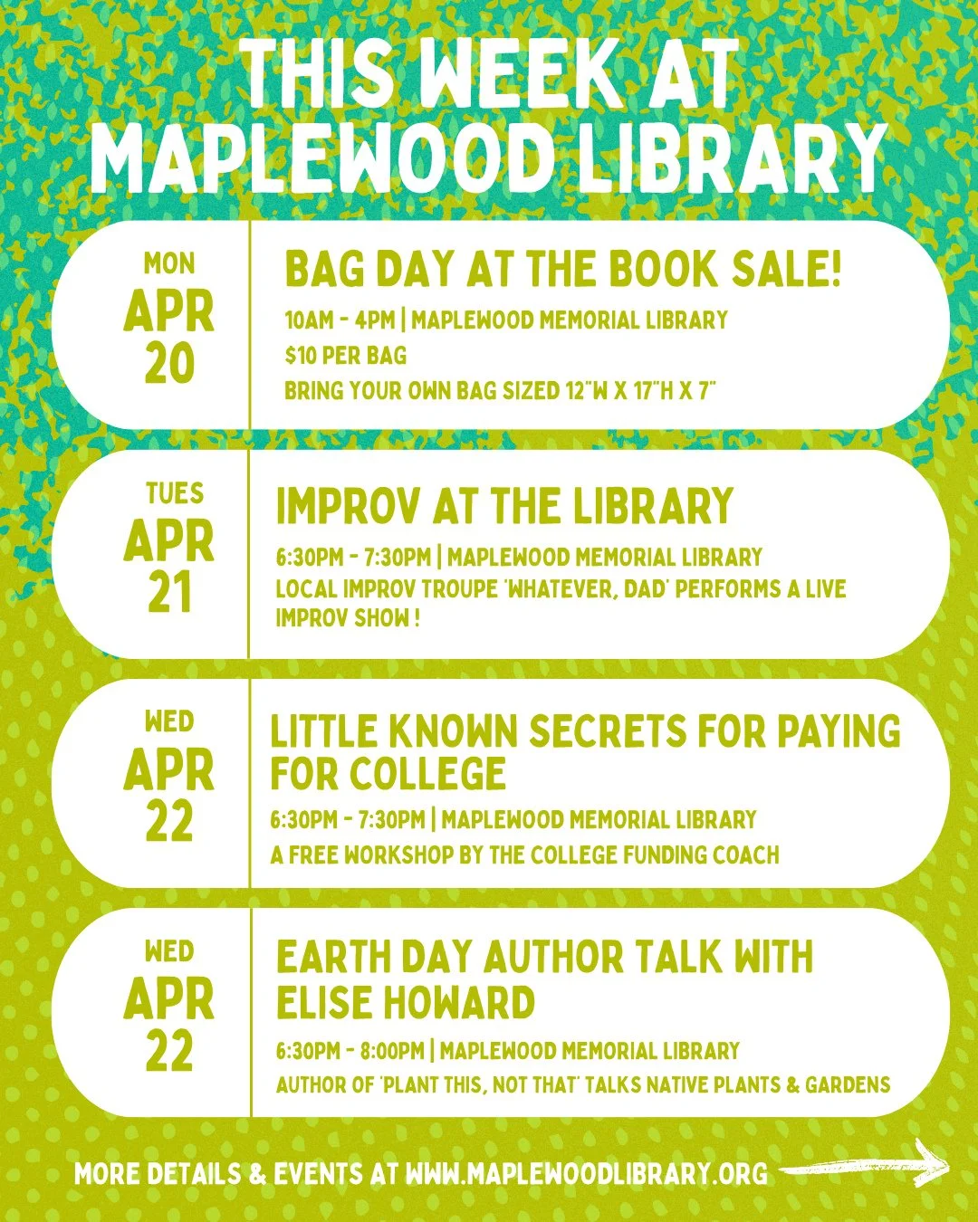 📣 The highlights reel: check out the new and exciting programs &amp; events happening at Maplewood Library this week! Book Sale and Improv and Author Event, oh my! We'll also be hosting an Art &amp; Music Reception for the Windows for Women exhibit,